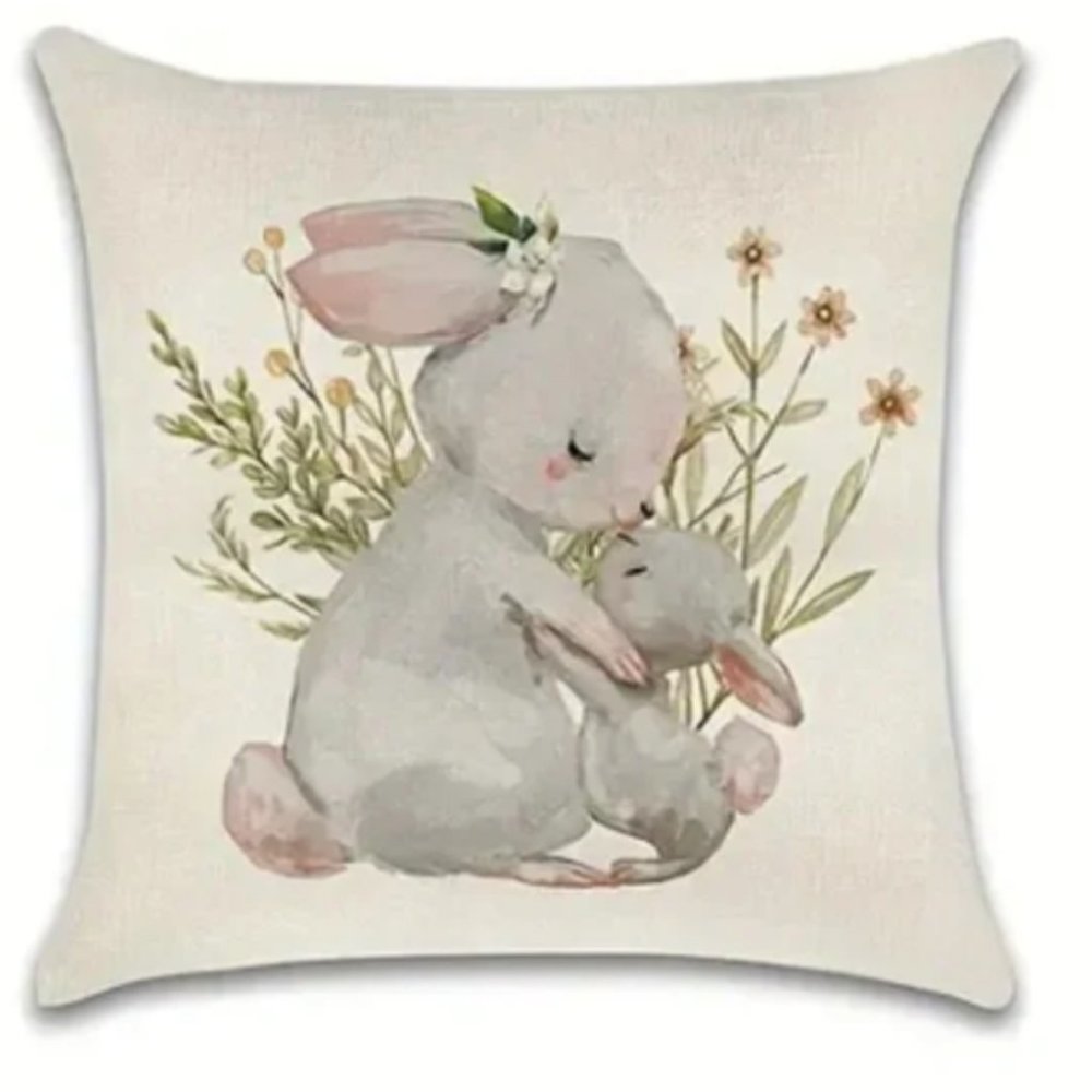 NEW LINEN BLEND EASTER/NURSERY BUNNY RABBITS HOME DECOR PILLOW COVER 17.7"